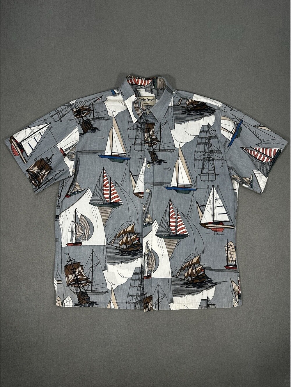 Vintage Cooke Street Honolulu Hawaiian Shirt Mens Large Sailboat Aloha Made USA
